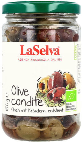 Oliven condite mit Kräutern entsteint La Selva Bio
